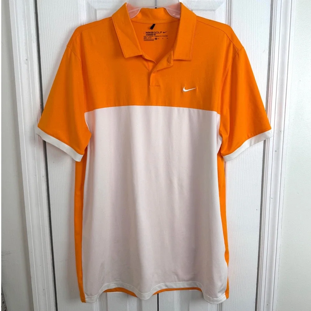 Nike Golf Polo Shirt Medium Orange White Colorblock Dri-FIT‎ Sporty Preppy Mens